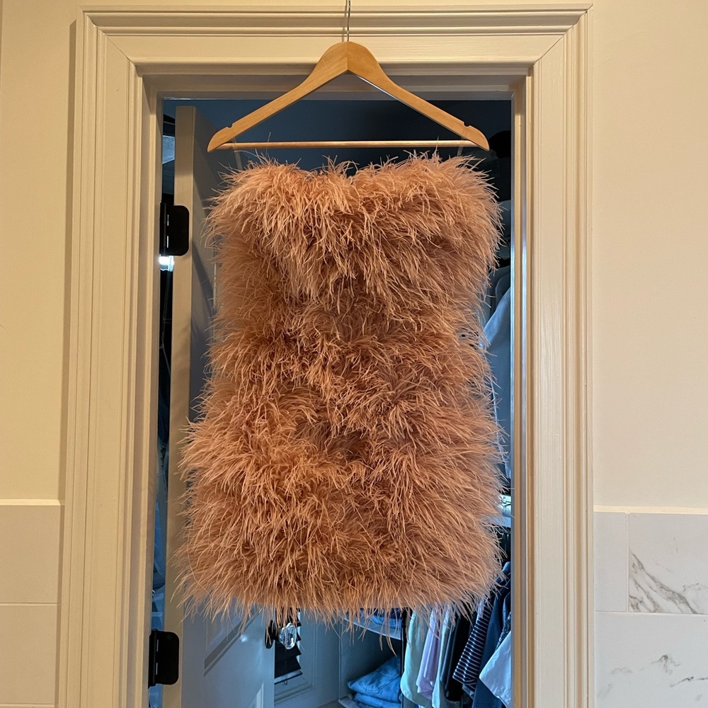 ‘Shira’ BLUSH boned strapless feather dress + belt